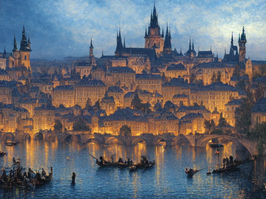 Prompt: a view from the river an ancient medieval castle city resembling prague, paris, and venice at night with northern lights in the sky, intricate, elegant, highly detailed, digital painting, artstation, concept art, smooth, sharp focus, colored illustration for tattoo, art by thomas kincade, krenz cushart and artem demura and alphonse mucha,