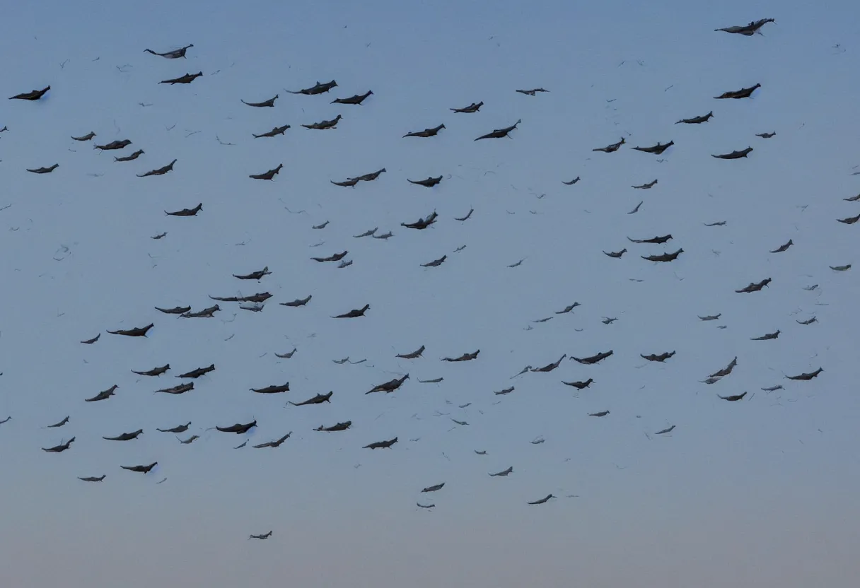 Image similar to dolphins flying through the sky in the gobi desert, stunning photograph