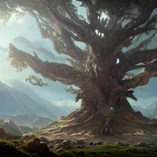 Prompt: Beautiful cinematic scene of a gigantic tree, Yggdrasil, on top of a mountain, epic, megalophobia, cinematic lighting, insanely detailed, painting by Greg Rutkowski, Artstation