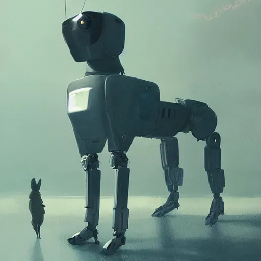 Image similar to a robot dog, in god's arms ， virtual engine engine, cyberpunk style ， hyperrealistic, by beeple, greg rutkowski, caspar david friedrich, smooth, illustration, elegant, artstation, digital painting.