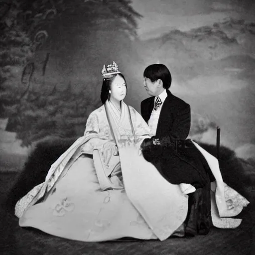 Image similar to An extreme long shot wide shot, colored black and white Russian and Japanese mix historical fantasy a photograph portrait taken at the empress and emperor's royal wedding on their carriage trip back to the palace, they had a private moment together, golden hour, warm lighting, 1907 photo from the official wedding photographer for the royal wedding.