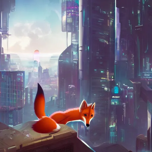 Image similar to an anthropomorphic fox with a fluffy tail staring over a futuristic city from the top of a roof, highly detailed, trending on furaffinity, cyberpunk, backlighting, cartoon