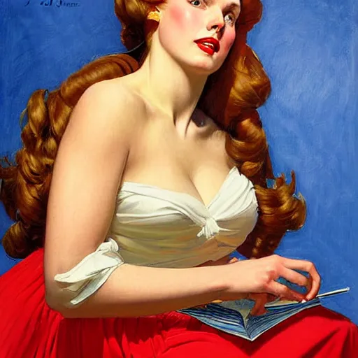 Image similar to beautiful painting of jerma985 with long curly blond hair, pinup poster by J.C Leyendecker and Norman Rockwell