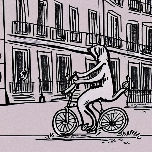 Image similar to illustration of a dog riding a bike in paris in the style of clement hurd