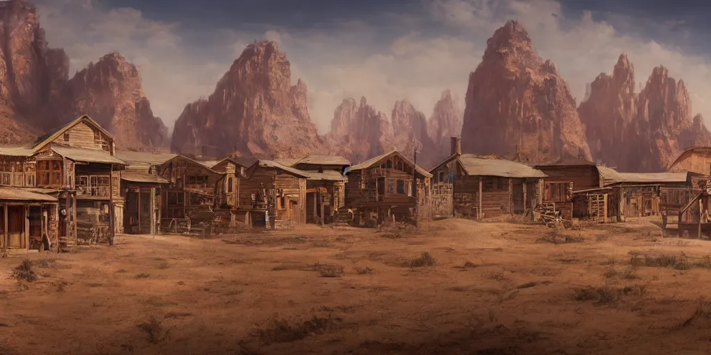 Prompt: wild wild west with old cowboy buildings, matte painting, concept art, 4 k