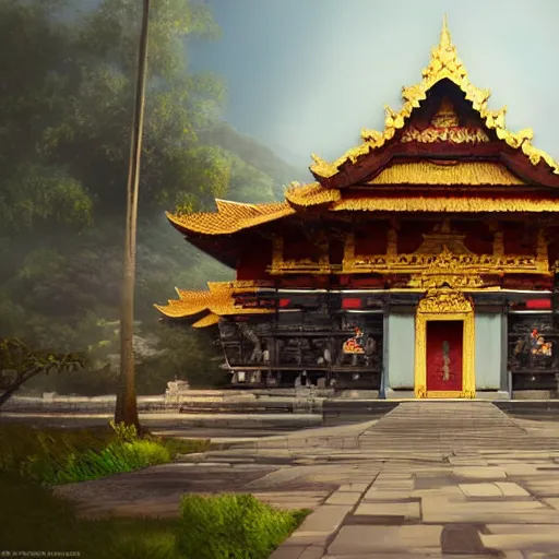 Image similar to A beautiful, perfect, impressive, amazing concept art digital CG painting of a balinese temple, trending on ArtStation, Unreal Engine