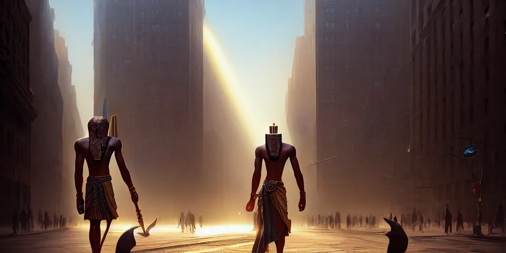 Prompt: an egyptian god walking the streets of new york, god rays, digital art, landscape, fantasy art, octane render, unreal engine, high detail, very realistic, by greg rutkowski. by james gurney