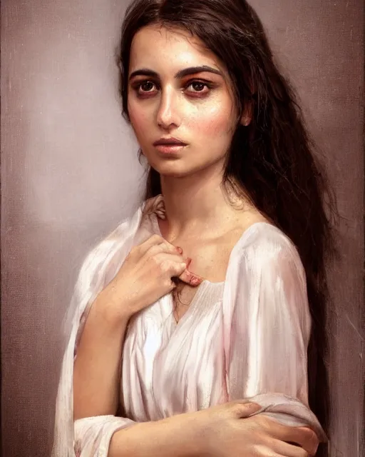 Prompt: a highly realistic, true to life portrait of a beautiful young middle eastern girl, soft focus, from the waist up, with sharp features, a beautiful face, soft smile, under studio lighting, taken with a canon eos camera with 1 3 5 mm focal length, art by karol bak, james jean, tom bagshaw, trending on artstation,