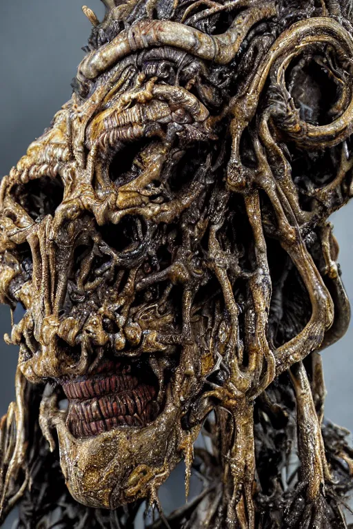 Image similar to photo taken of an epic intricate, ultra detailed, super realistic gritty, wet, slimy, lifelike sculpture of a nightmarish hellish alien ghoulish creature created by weta workshop, zoomed in shots, photorealistic, sharp focus, white wall coloured workshop, cold blueish colour temperture, f 0. 4, face centred, golden ratio, golden hour