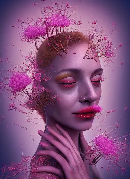 Prompt: hyper detailed 3d render like a chiariscuro Oil painting with depth - Aurora (Singer) looking adorable and seen in attractive dynamic pose joyfully Eating of the fine Strangling network of thin yellowcake aerochrome and milky Fruit and Her delicate Hands hold of gossamer polyp blossoms bring iridescent fungal flowers whose spores black the foolish stars to her smirking mouth by Jacek Yerka, Mariusz Lewandowski, Houdini algorithmic generative render, Abstract brush strokes, Masterpiece, Edward Hopper and James Gilleard, Zdzislaw Beksinski, Mark Ryden, Wolfgang Lettl, hints of Yayoi Kasuma, octane render, 8k