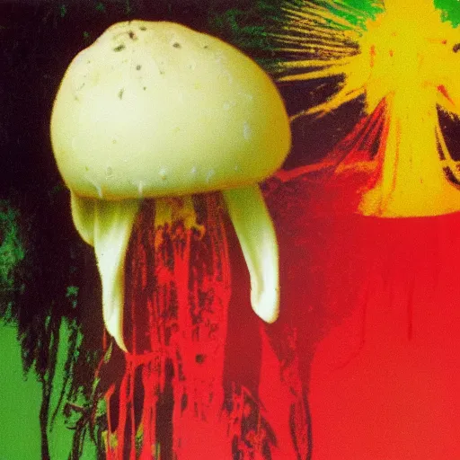 Image similar to jesus christ and an amanita mushroom painted by cy twombly and andy warhol