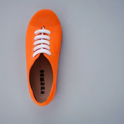 Image similar to an ultra high definition professional studio photograph, 5 0 mm f 1. 4 iso 1 0 0. the photo is set in a plain white room with a plain white plinth centrally located. the photo depicts a fashionable jelly shoe. the colour of the jelly shoe is orange.