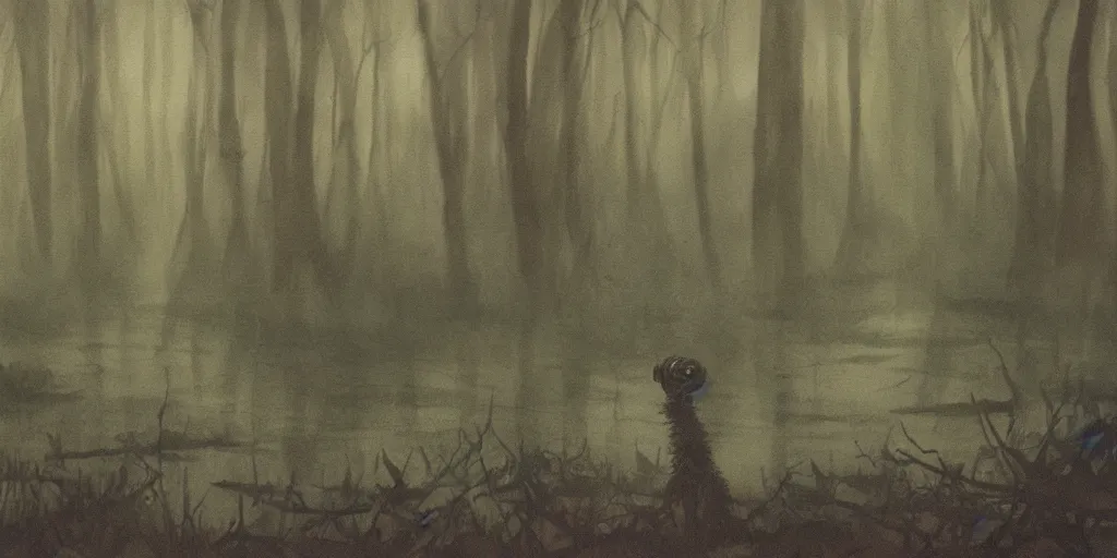 Image similar to painting of a strange creature in a murky swamp, muted colors, creepy