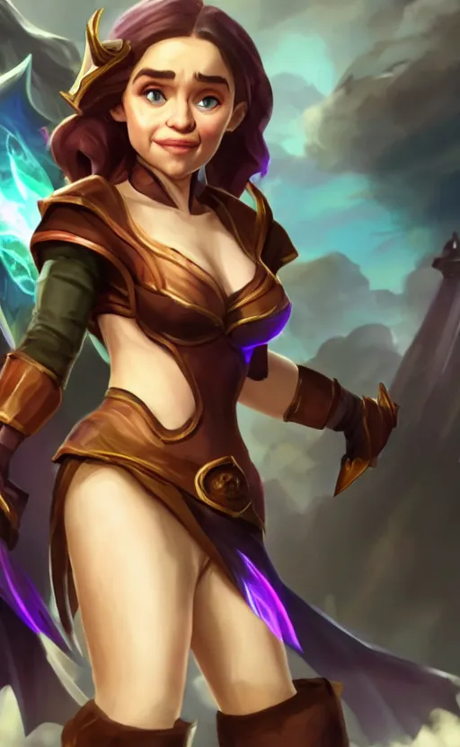 Prompt: Emilia Clarke as a character in the game League of Legends, with a background based on the game League of Legends, smiling, detailed face, old 3d graphics