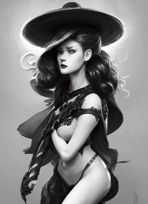 Image similar to a highly detailed illustration of red haired lady wearing black noir dress and black sun hat, dramatic singing pose, intricate, elegant, highly detailed, centered, digital painting, artstation, concept art, smooth, sharp focus, league of legends concept art, wlop.