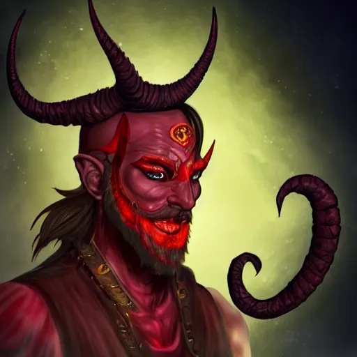 Image similar to dnd render of a male tiefling, red scales, a big black beard, completely golden eyes, 1 curved horn growing out of his forehead, one broken horn growing out of his forehead,