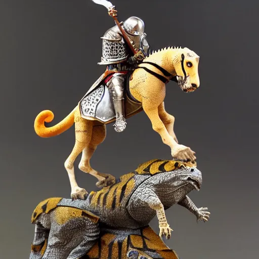 Prompt: A medieval knight riding on a giant two legged leopard gecko, highly detailed, painted wargaming miniature