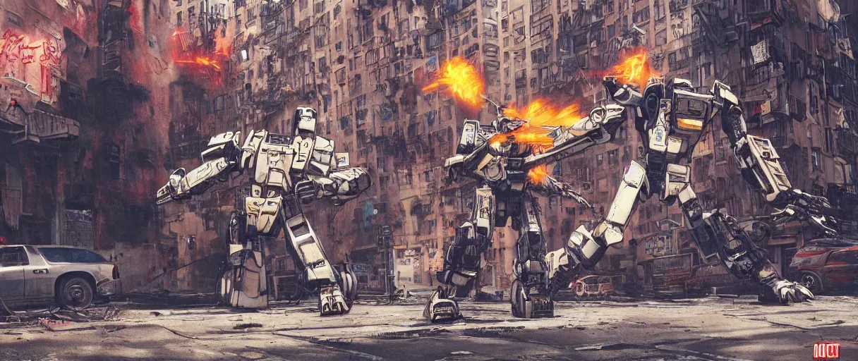 Image similar to chappie battles ed - 2 0 9 in a ghetto in nyc, circa 9 0 0 0, designed by syd mead moebius sorayama jack kirby, hdr, photorealistic, graffiti background, octane render, 8 k