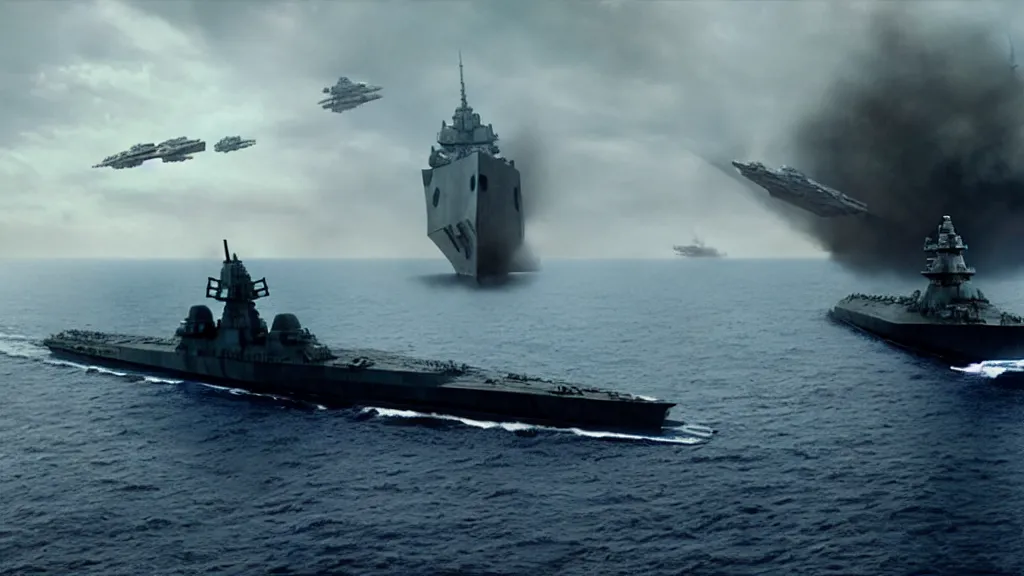 Image similar to Star wars destroyer, film still from the movie directed by Denis Villeneuve with art direction by Salvador Dalí, wide lens