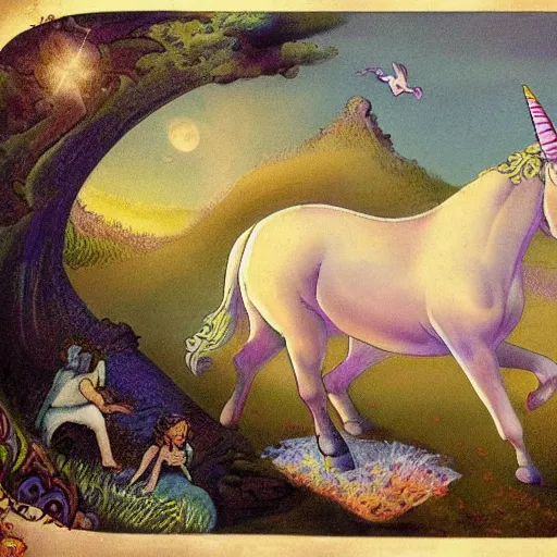 Image similar to dream : a fabulous landscape, a magical unicorn. a boy is sitting astride him. a cat is lying