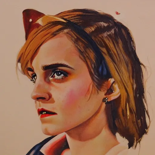 Image similar to detailed details photorealistic emma watson wearing devil horn headband in the style of bob peak and alex ross, gouache and wash paints color, detailed details facial and body and human and environments and proportionate, detailed 5 k details.