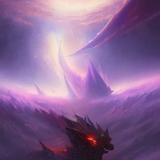 Image similar to ''cinematic shot'' a galaxy dragon made of all the galaxy in the space flying making peace in the universe stars planets realistic atmosferic made by ivan aivazovsky, peter mohrbacher, greg rutkowski volumetric light effect broad light oil painting painting fantasy art style sci - fi art style realism premium prints available artwork unreal engine