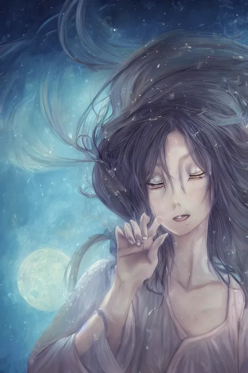 Prompt: Adult anime style girl on the moon waving, fantasy, intricate, elegant, highly detailed, digital painting, 4k, HDR, concept art, smooth, sharp focus, illustration, art by Serafleur