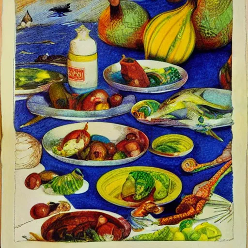 Prompt: intricate vibrant colorful shoal grid shrike mayonnaise chutney puddle , by Robert Henri and Warwick Goble and Georgia O'Keeffe , pencil sketch , storybook illustration , Low poly