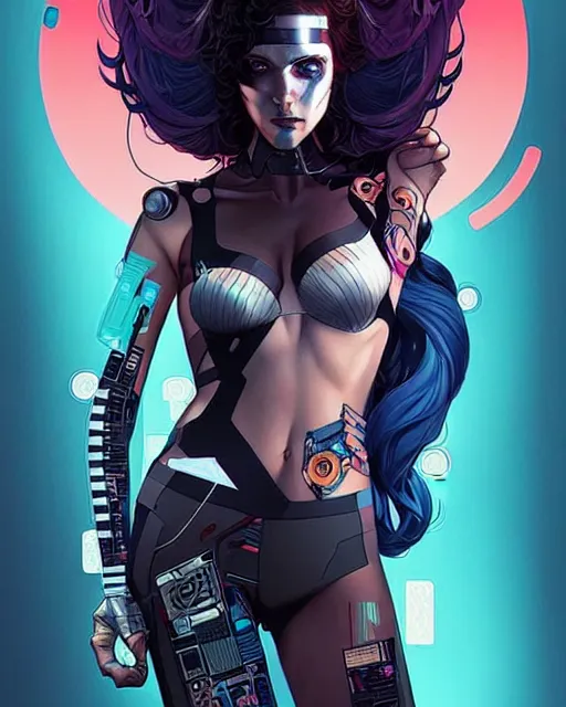 Prompt: artgerm, joshua middleton and sandra chevrier comic cover art, full body pretty female cyberpunk hacker, symmetrical eyes, long curly hair, beautiful, rim lighting, vivid colors