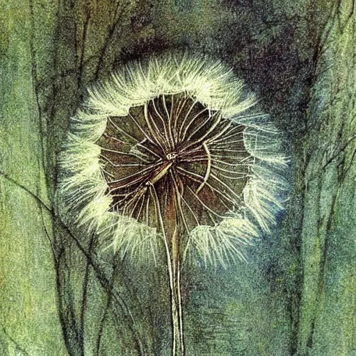 Image similar to a beautiful fairytale painting of a dandelion seed that is also a fairy. the dandelion seed is the body of the fairy. beautiful clear painting by arthur rackham