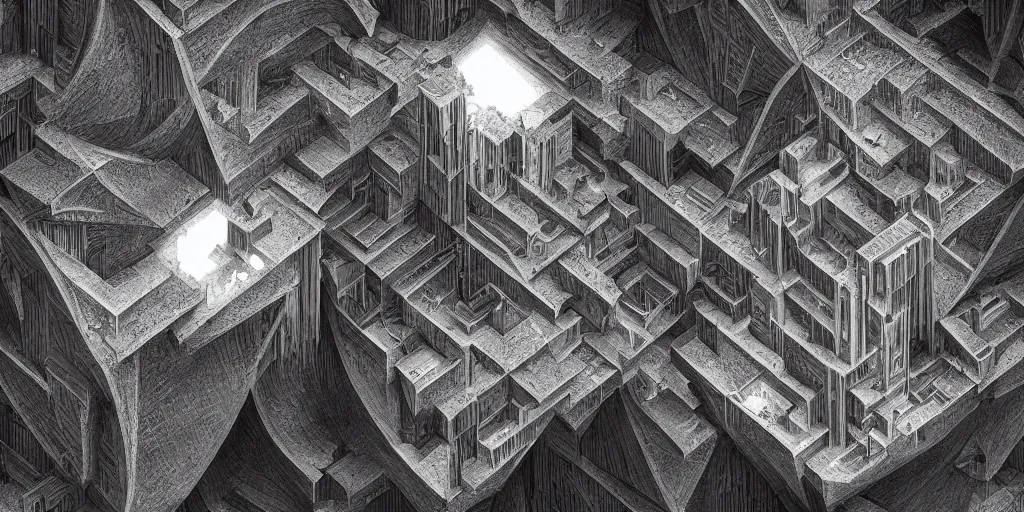 Image similar to a strange angular monolithic building structure by escher and mandelbrot, ricardo bofill, impossible geometry. utopian landscape. magical realism, surrealism, waterfalls, trending on artstation, cinematic composition,