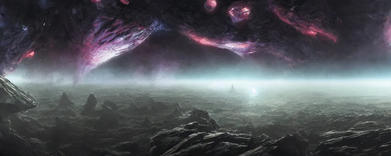 Image similar to dark galaxy panorama in space by wayne barlowe, realistic lighting, dynamic lighting, octane render