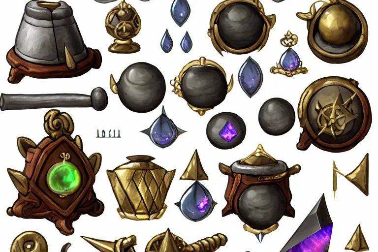 Image similar to design sheet of various alchemist tools, magic gems, props