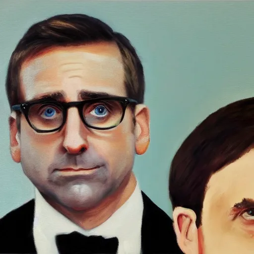 Prompt: Holy Steve Carell without glasses, oil painting