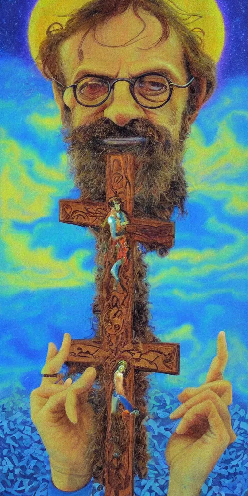 Image similar to Terence McKenna on a pixeleated cross with surrealist background, oil painting