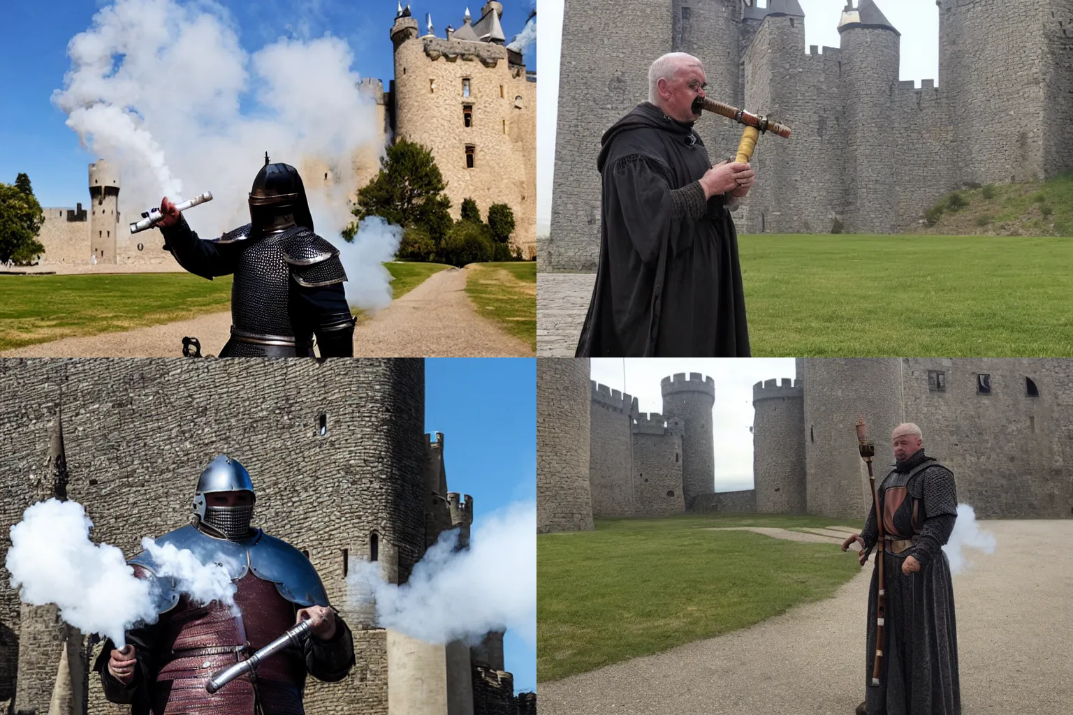 Prompt: an Old knight from the Medieval era Vaping in front of a castle