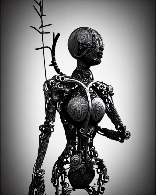 Image similar to mythical black and white organic bio-mechanical stick figure. Waving an axe into the camera. detail of mechanical beautiful female angelic-vegetal-cyborg, highly detailed, intricate steampunk ornate, poetic, 3D render, digital art, octane render, 8K artistic photography, photo-realistic, by Dora Maar