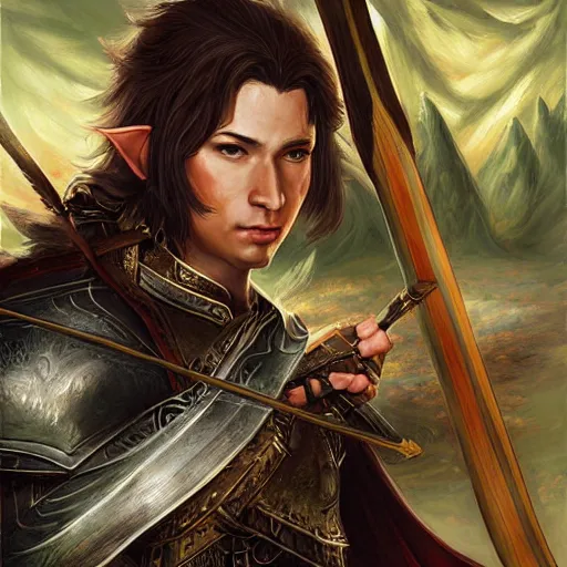 Prompt: a male elf holding a longbow with samurai armor, 8 k, hyperrealistic, dragon slayer, hyperdetailed, fantasy portrait by laura sava