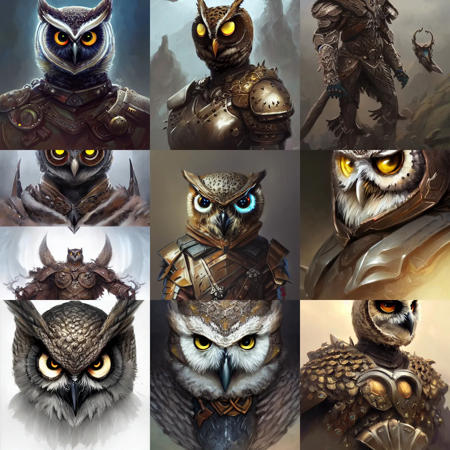 Prompt: owl armor, D&D, fantasy, portrait, highly detailed, digital painting, artstation, concept art, sharp focus, illustration, art by artgerm and greg rutkowski and magali villeneuve