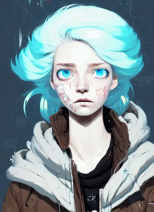 Image similar to highly detailed portrait of a sewer punk lady student, blue eyes, puffy jacket, white hair by atey ghailan, by greg rutkowski, by greg tocchini, by james gilleard, by joe fenton, by kaethe butcher, gradient blue, black, brown and cyan color scheme, grunge aesthetic!!! ( ( graffiti tag wall background ) )