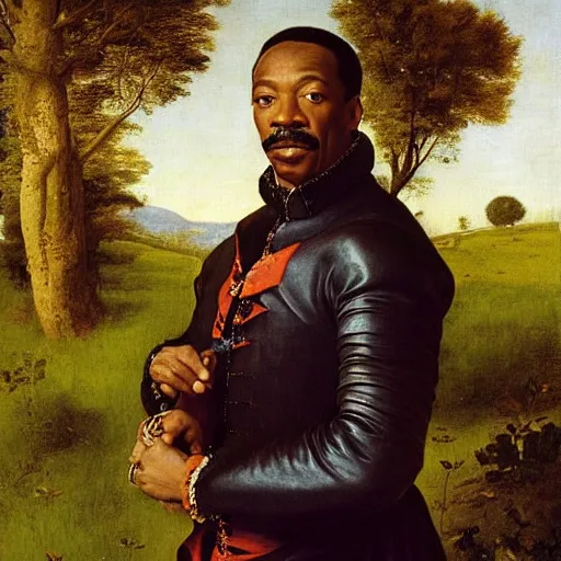 Image similar to renaissance portrait of Eddie Murphy by a meadow in a forest, masterpiece by Eugene de Blaas