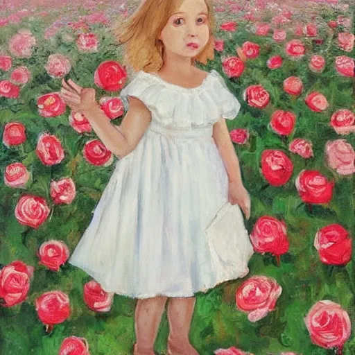 Prompt: little girl in white dress, sea of roses