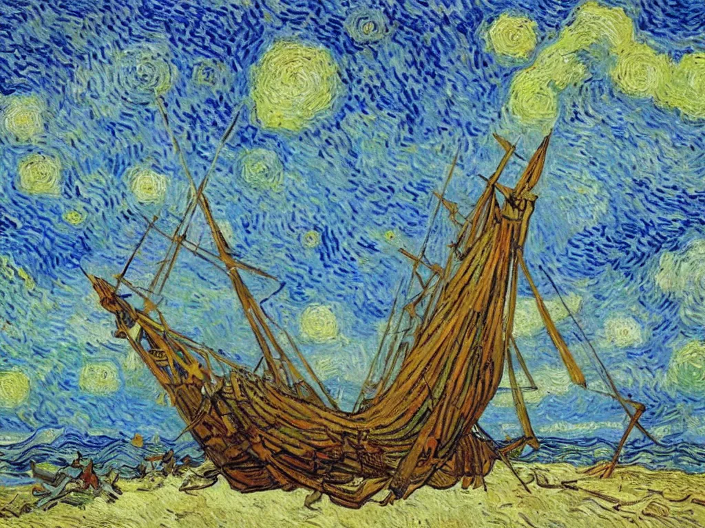 Prompt: oil painting of a viking longship beached on a desert island in the south pacific, light scatter, van gogh