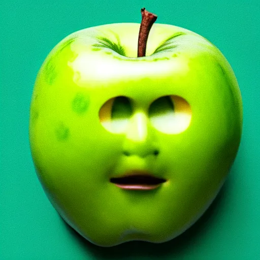 Prompt: human face on green apple, crying, tears in eyes