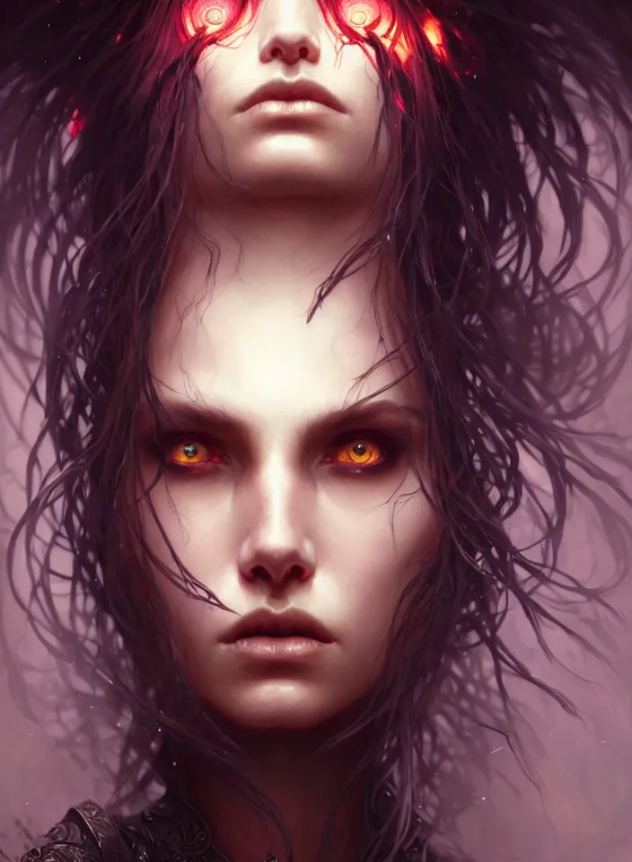 Image similar to Necromancer Sorceress face close-up macro in center, fantasy magic, undercut hairstyle, dark light night, intricate, elegant, sharp focus, illustration, highly detailed, digital painting, concept art, matte, art by WLOP and Artgerm and Greg Rutkowski and Alphonse Mucha, masterpiece