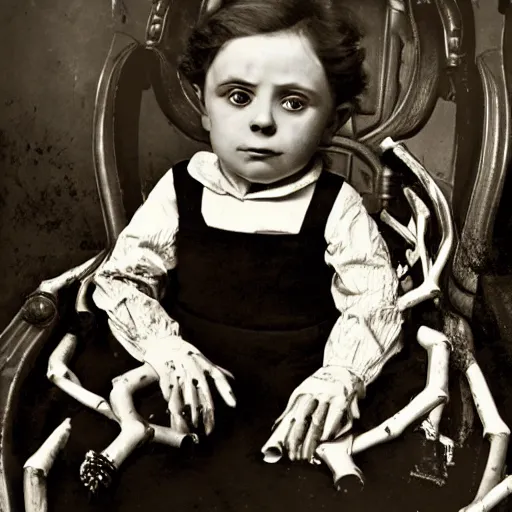 Prompt: a photo of young sad victorian gothic child with big eyes and wide grin sitting on a sofa of bones surrounded by a cyber futuristic cityscape made of human body parts, 5 0 mm, perfect faces