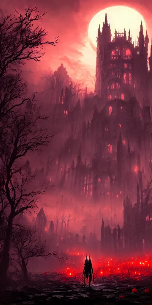 Image similar to abandoned bloodborne old valley with a person at the centre and a ruined gothic city at the end with a big castle, trees and stars in the background, falling red petals, epic red - orange moonlight, perfect lightning, wallpaper illustration by niko delort and kentaro miura, 4 k, ultra realistic