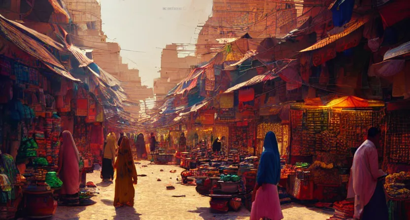 Image similar to bazaar in delhi. art by salman toor. global illumination, radiant light, detailed and intricate environment, atmospheric light, cinematic, trending on artstation