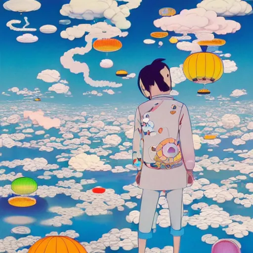 Image similar to a man walking on clouds away from the camera above kyoto by takashi murakami, beeple and james jean, aya takano color style, 4 k, super detailed, modern, 4 k, symmetrical