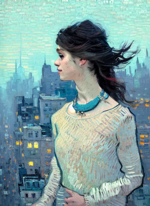 Image similar to portrait of beautiful girl, necklace, ecstatic, dancing, eyes closed, shades of pastel blue and light grey, new york backdrop, beautiful face, rule of thirds, intricate outfit, spotlight, by greg rutkowski, by jeremy mann, by francoise nielly, by van gogh, digital painting